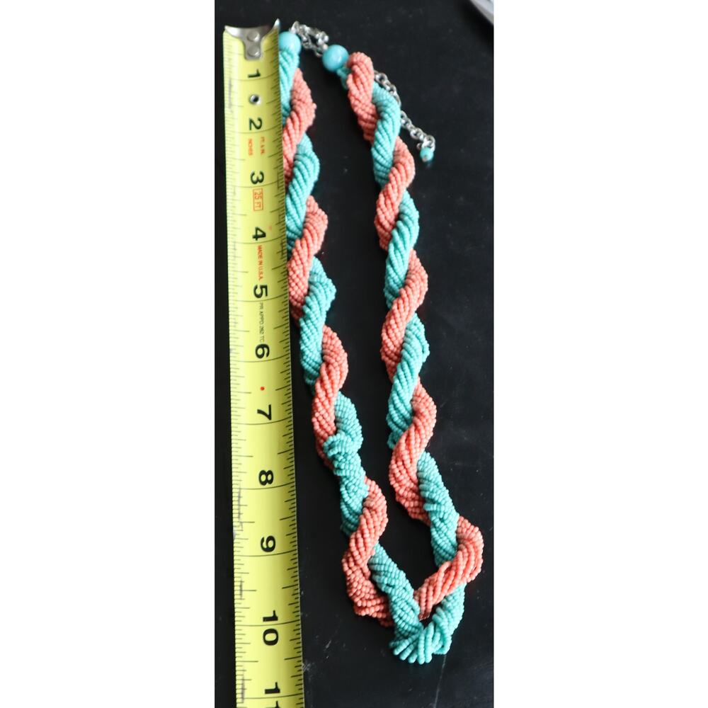 Vintage Turquoise Coral Seed Bead Torsade Twist Straight Necklace Southwest Boho - Picture 5 of 5